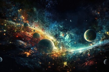 Obraz na płótnie Canvas cosmic landscape with multiple planets and stars. Generative AI