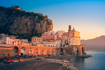 Poster view of amalfi, amalfi coast, amalfi cathedral, sea, tranquility of the amalfi coast and symbols of mediterranean culture, naples, salerno, positano. © South Italy