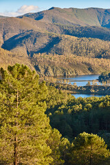 Fototapeta premium Melero meander mountain and river landscape in Caceres, Extremadura, Spain
