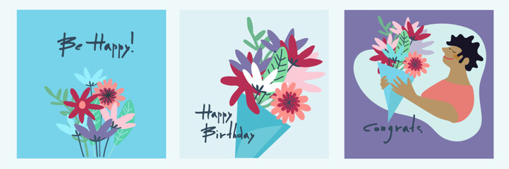 Obraz na płótnie Canvas Set of Happy Birthday greeting cards design for IG. Hands with a bouquet of flowers and handwritten signature Happy Birthday on a bright background. Template for IG, web, postcard, social network