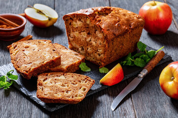 apple cinnamon bread on slate board, top view