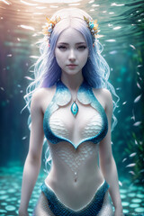A beautiful inhabitant of the underwater world, a mythical character of fairy tales and fantasy, a mermaid. Generative AI