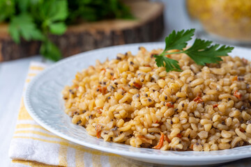 Bulgur pilaf with chia seeds (Turkish name; chia tohumlu bulgur pilavi)