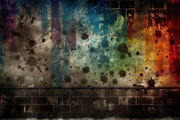 textured grungy wall with colorful paint splatters. Generative AI
