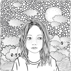 Cute Girl with long hair. looks to the left. Black and white fantasy picture with moon, sea, and clouds. Coloring Book for Adults and children. Doodle style.