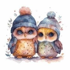 Obraz premium Cute cartoon owls baby watercolor. kawaii. digital art. concept art. isolated on a white background. Beautiful cute baby animals on a white background for nursery poster decoration. Design for a child