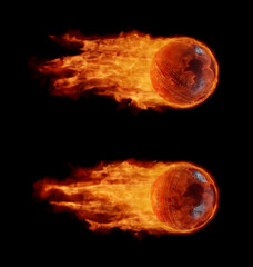 Fire ball. Blazing Cricket Ball on air with bright flame tail. Dark background. 3D render.