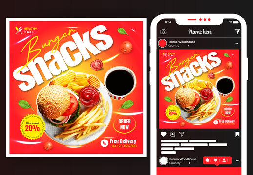 Burger Snacks Food Social Media Post Design Template