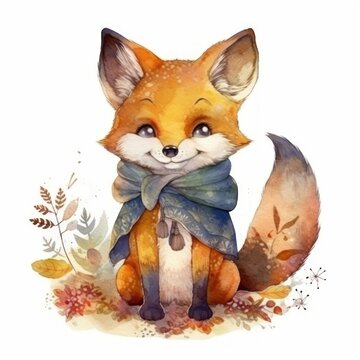 Cute cartoon fox baby watercolor. kawaii. digital art. concept art. isolated on a white background. Beautiful cute baby animals on a white background for nursery poster decoration. Design for a child