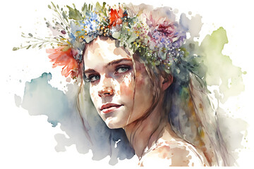 Beautiful girl with flowers on her head watercolor. Generative Ai
