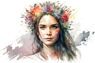 Cute woman with a bouquet of flowers on her head watercolor. Generative Ai
