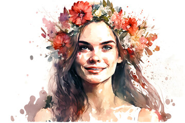Watercolor illustration of a beautiful girl with flowers on her head. Generative Ai
