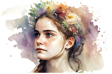 Cute illustration of a woman with a bouquet of flowers on her head. Generative Ai
