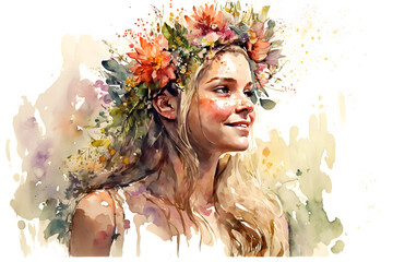 Colorful watercolor illustration of a girl with flowers on her head. Generative Ai
