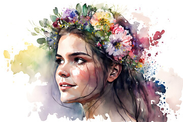 Cute woman with a bouquet of flowers on her head watercolor. Generative Ai
