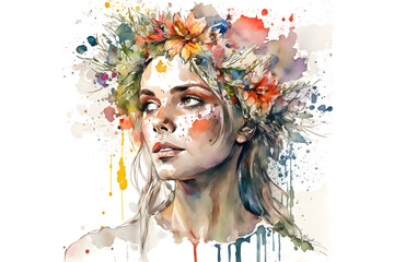 Beautiful girl with flowers on her head watercolor. Generative Ai
