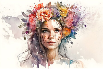 Colorful watercolor illustration of a girl with flowers on her head. Generative Ai
