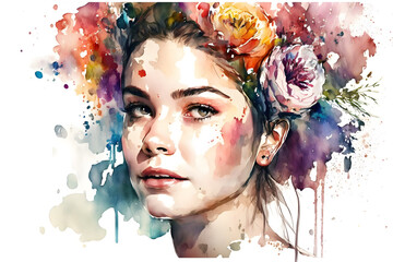 Beautiful girl with flowers on her head watercolor. Generative Ai
