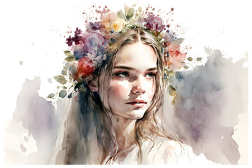 Cute illustration of a woman with a bouquet of flowers on her head. Generative Ai
