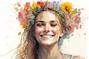 Beautiful girl with flowers on her head watercolor. Generative Ai
