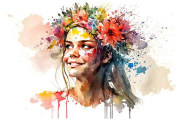 Watercolor illustration of a beautiful girl with flowers on her head. Generative Ai
