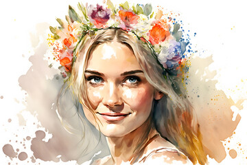 Watercolor illustration of a beautiful girl with flowers on her head. Generative Ai
