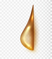 Hanging drop of transparent golden cosmetic liquid. Realistic translucent cosmetic spa serum drop, bubble of vitamin, gel, golden honey or lotion droplet.