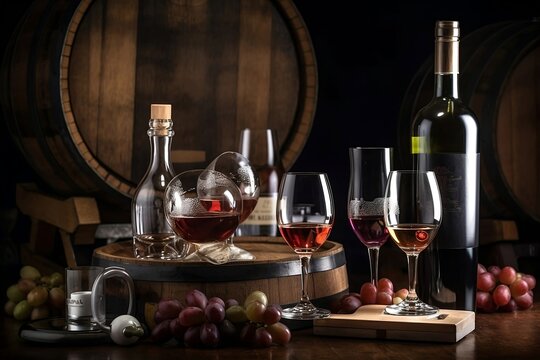 Wine Barrel and Bottle. A Closeup of Wooden Detail with Glass and Drink, Perfect for Alcohol Advertising with Copy Space