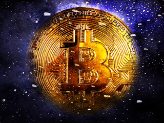 Bitcoins covered with soap bubbles, depicting the gradual collapse of the bitcoin blockchain bubble