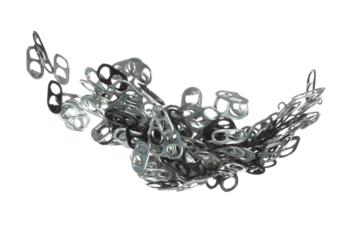 Can Caps fly in mid air, aluminium canned cap falling scatter, recycle from trash can cap explosion float. White background isolated freeze motion high speed shutter