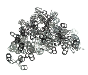 Can Caps fly in mid air, aluminium canned cap falling scatter, recycle from trash can cap explosion float. White background isolated freeze motion high speed shutter