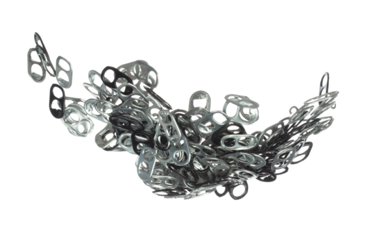 Can Caps fly in mid air, aluminium canned cap falling scatter, recycle from trash can cap explosion float. White background isolated freeze motion high speed shutter