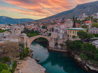 The old bridge and river in city of Mostar