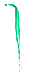 Green paint liquid fly in mid air, apple vegetable juice falling scatter, explosion float in shape form droplet line. White background isolated freeze motion high speed shutter