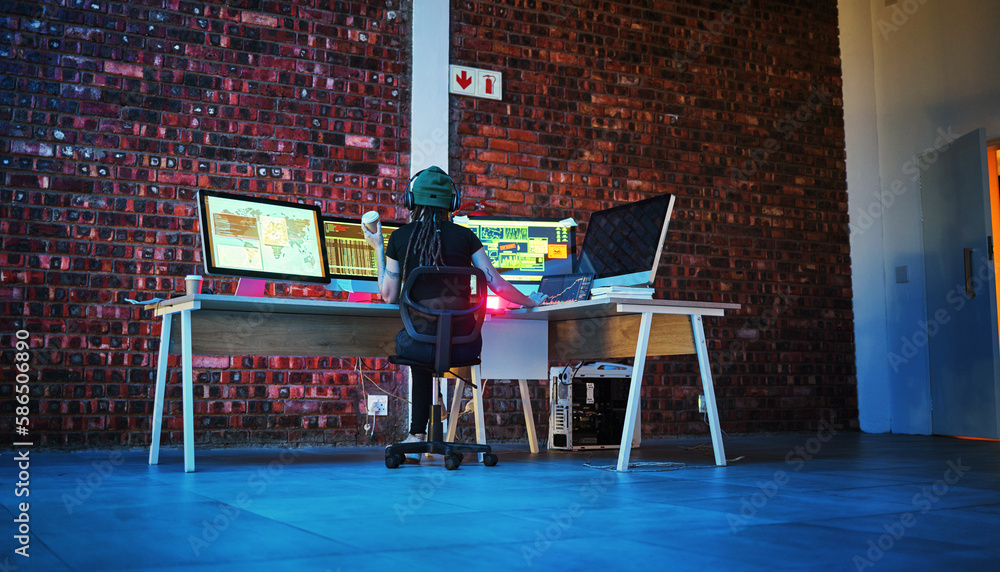 Poster Coding, hacker woman and computer monitor for cybersecurity, programming and data. Analytics code, dashboard and technology of a female working on futuristic, iot and software database at night