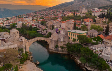 The old bridge and river in city of Mostar