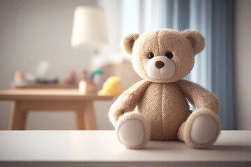 Table with teddy bear in blurred baby room for product placement. Generative ai.