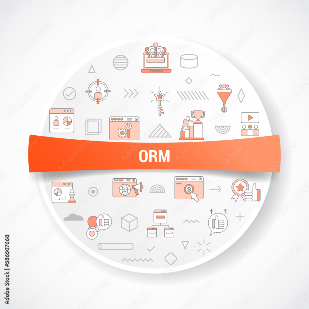 Poster orm online reputation management concept with icon concept with round or circle shape for badge