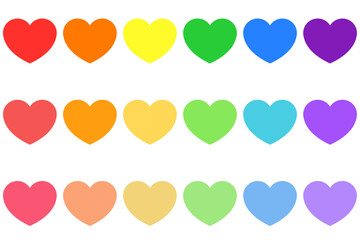 Heart shapes in bright and soft, pastel rainbow colors, flat style simple cute vector object design icon for pride month, romance, equality, celebration every gender. Graphic design isolated on white.