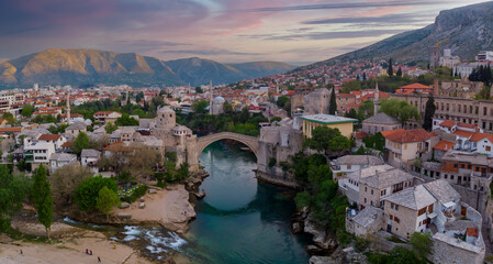 The old bridge and river in city of Mostar