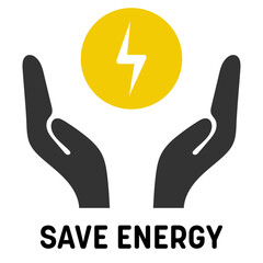 Save energy, yellow color electricity flash icon symbol with dark color hands. Concept of eco energy and environmental friendly sources vector Graphic isolated on white background.