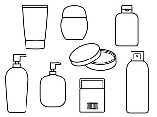 Line drawing, coloring book, illustration set of various types of containers, bottles, etc.