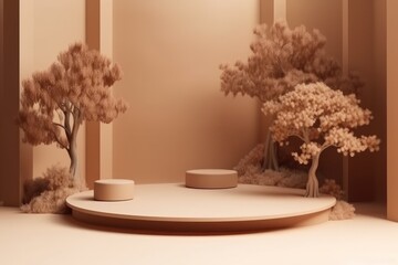 cozy living room with a tree and a round table as focal points. Generative AI