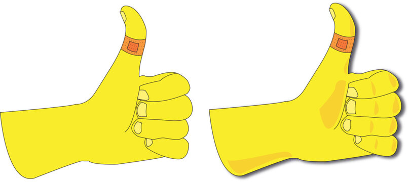 Vettoriale a colori di un pollice all'ins&ugrave;, colore giallo predominante, con cerotto arancione, per ferita, con e senza ombre esterne e interne