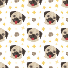 Seamless pattern. Cute children s pattern with the image of pug faces. A pattern of pugs and dog paws. Vector
