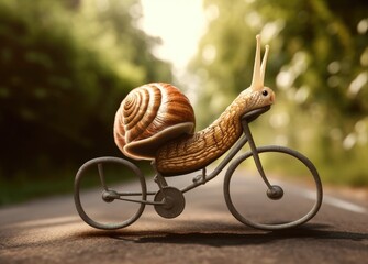 A snail crossing the road by bicycle Generative AI Illustration - obrazy, fototapety, plakaty