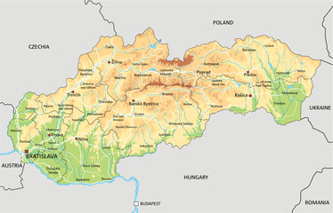 Highly detailed Slovakia physical map with labeling.