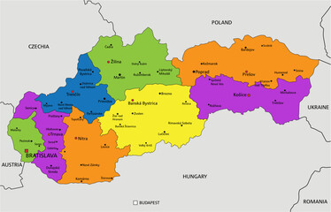 Colorful Slovakia political map with clearly labeled, separated layers. Vector illustration.