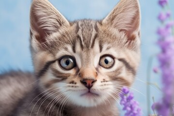 Fototapeta na wymiar Close up view of gray tabby cute kitten. generative ai