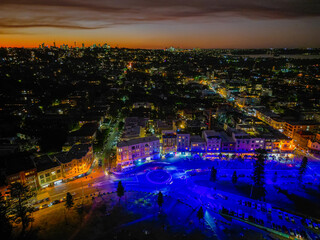 Aerial view of colourful Lights at night on Bondi Junction Australia.